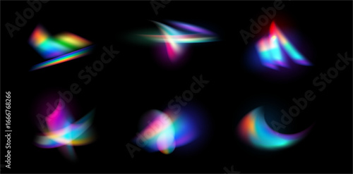 Rainbow crystal light leak with rainbow effect, isolated realistic flare reflection collection. Vector set of colorful optical radiances, beams, lens lusters overlay streaks, spectrum glow