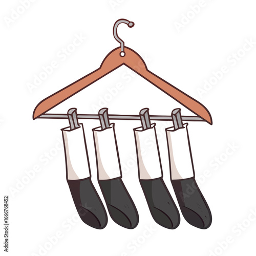Four black and white socks hanging on a wooden hanger clothes