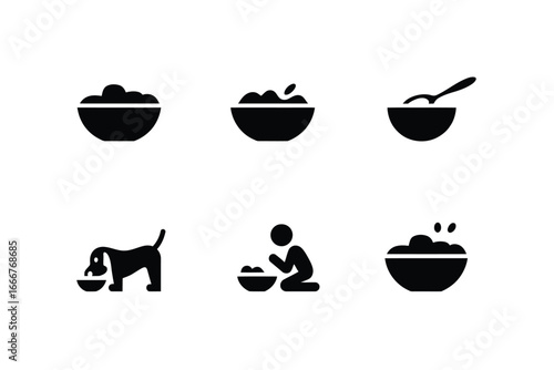 Illustration of a bowl of food, a dog eating from a bowl, and a person eating from a bowl