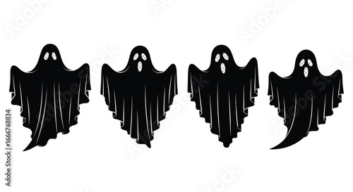 Four black silhouette ghosts floating mysteriously halloween holiday celebration party decorations vector