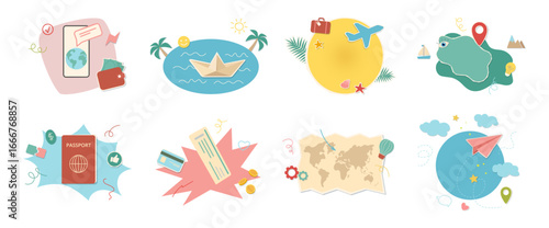Summertime vacation, weekends and trips. Vector flat style, isolated set of signs. Tickets and boarding passes, passport id document, mobile application for travelers, credit card trendy wanderlust
