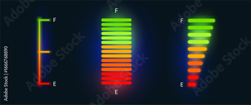Fuel gauge set with neon interface. Vector charging indicator for electrified car. Counter dial, electric power measurement. Quantification panel for energy control, vehicle dashboard.