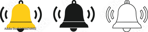 Set of three ringing bells in yellow, black, and outline styles