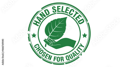 A distinctive green circular badge representing hand-selected natural products, emphasizing chosen quality and organic integrity through a symbolic hand holding a fresh leaf