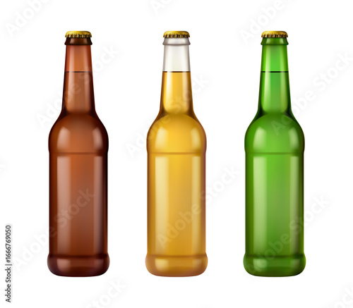 Empty glass bottles of beer, isolated set of alcoholic beverage packaging. Vector in realistic style, mockup or copy space for craft brewery logo or text. Advertising of refreshing alcohol
