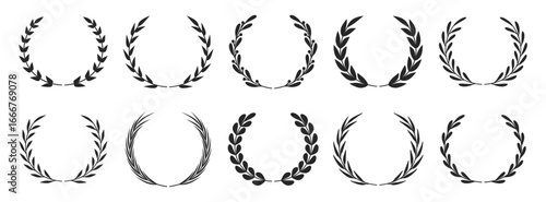 Laurel wreaths set, winner award for victory and success in circular form with stylized leaves. Vector isolated symbols of triumph, honor and status. Champion prize of ancient Greece and Rome