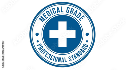 Circular blue and white insignia featuring a prominent cross, symbolizing premium medical quality, professional excellence, and adherence to high standards in healthcare and related industries