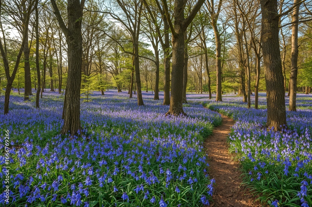 Fototapeta premium Stunning spring landscape filled with a blanket of bluebells in a forest
