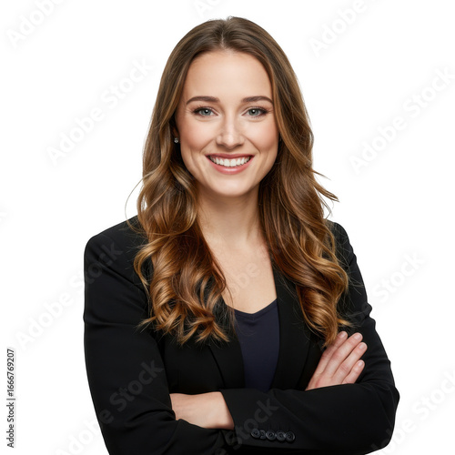 Smiling woman in black blazer arms crossed isolated on transparent background