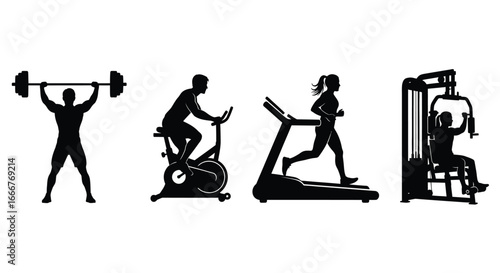 Diverse fitness silhouettes representing strength training cardio and machine workouts for healthy lifestyles vector