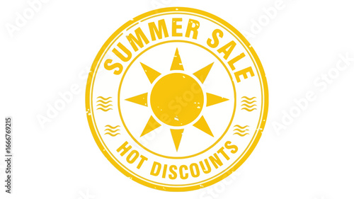 Bright yellow circular stamp-style illustration with a radiant sun, symbolizing attractive seasonal offers, generous discounts, and exciting summer sales events