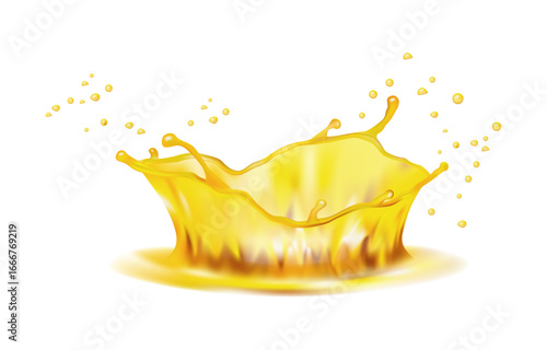 Oil, beer or juice splashes. Vector realistic amber liquid splatters. Beverage swirl, drink flow with gold drops. Cooking oily substance, fuel or engine lubricant spills, golden droplets and bubbles