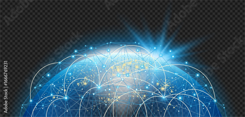 Global network connection, neon planet hologram. Vector world map point and line composition. Data visualization. Social network communication in computer infrastructures. Internet technology