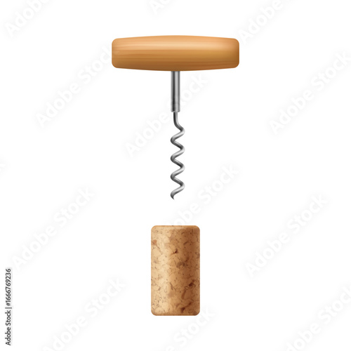 Corkscrew and wine stopper for bottle. Vector in realistic style, isolated screw opening cork for alcoholic drink, champagne or liquor. Degustation or tasting of alcohol, winery branding