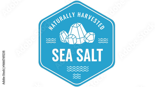 Vibrant hexagonal badge design promoting naturally harvested sea salt, incorporating illustrative crystal forms and wave elements for organic food packaging and branding
