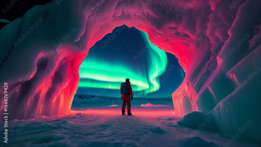 Fototapeta premium Vibrant Northern Lights Framed by Icy Cave Entrance