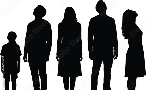 Silhouettes of a child, two men and two women looking upwards on white background people family