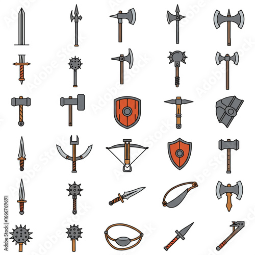 Collection of medieval weapons: axes, swords, maces, hammers, shields, daggers, crossbows, slingshots, spears.