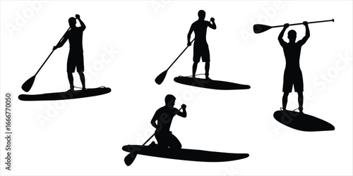 Silhouettes of people paddleboarding in various poses on white background stand up paddleboarding
