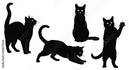 Silhouettes of five black cats in various poses showing playful and elegant movements vector