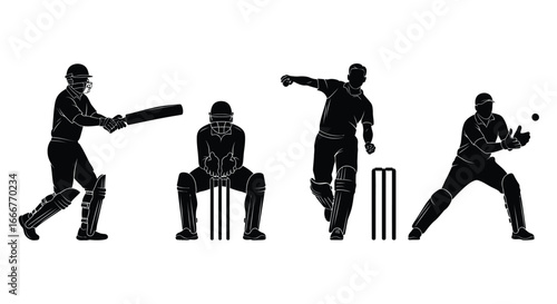 Dynamic cricket action silhouettes showcasing batting bowling fielding and wicket keeping for sports enthusiasts vector