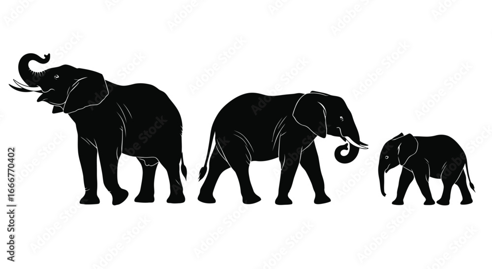 Obraz premium Three silhouetted elephants walking together family herd wildlife safari african animals majestic mammals vector