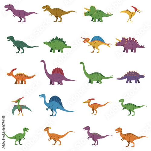 Collection of colorful cartoon dinosaurs, including T-Rex, Triceratops, and Stegosaurus.