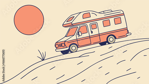 RV camper on a road with a large sun RV camper motorhome