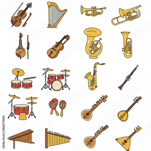 Collection of various musical instruments including string, brass, woodwind, and percussion.