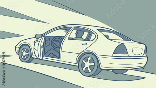 Sedan car with open door and driver in motion automobile