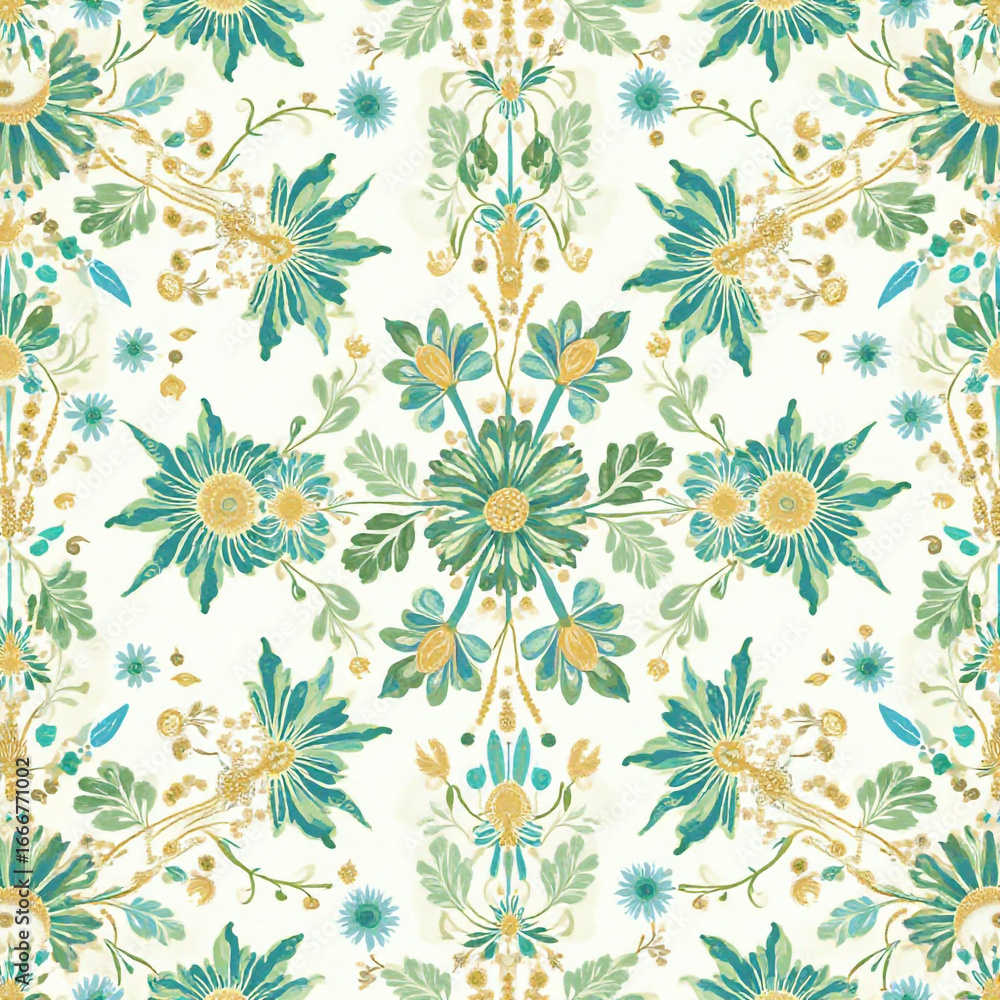 Fototapeta premium Background, fabric pattern, vector, flowers, green flowers, yellow flowers, blue flowers, cosmos, blooming flowers, nature Generative AI 
