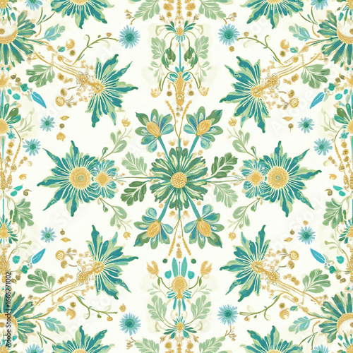 Wallpaper Mural Background, fabric pattern, vector, flowers, green flowers, yellow flowers, blue flowers, cosmos, blooming flowers, nature Generative AI  Torontodigital.ca