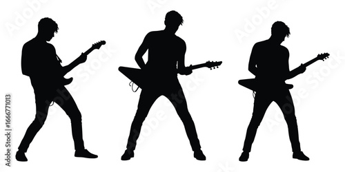 Three male guitarists playing electric guitars in silhouette on white background musicians music