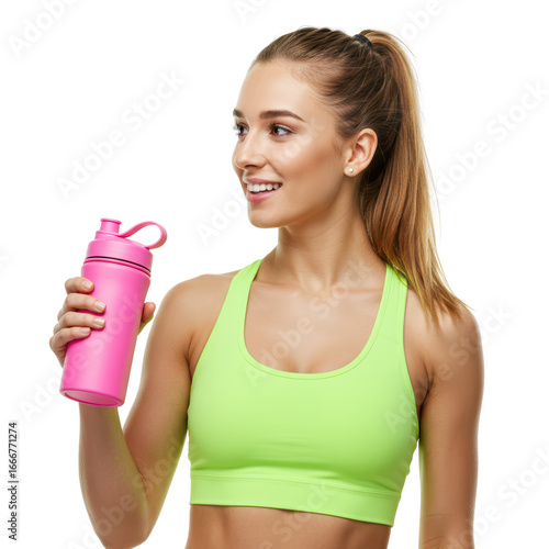 A happy woman in activewear holds a pink water bottle, looking healthy and fit.