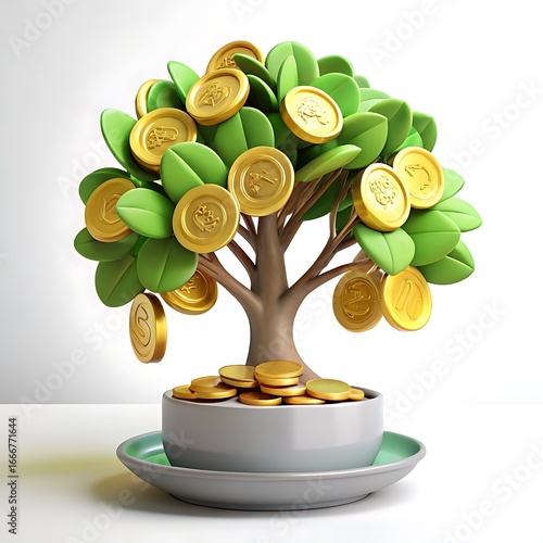 Foto Cartoon Money Tree Growing Abundant Golden Coins in a Pot