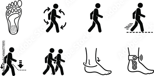 Diverse icons illustrate human movement, foot anatomy, and ankle monitoring devices