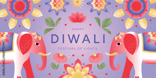 Happy Diwali Festival of Lights banner with Elephants, lotus flowers, mandala ornaments and leaves. Traditional Indian holiday background. Vector illustration for poster, card, social media, banner.