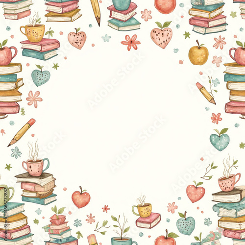 Backgrounds Fabric pattern, vector, books, flowers, fruits, pens, pencils, green plants, picture frames, glasses, coffee cups Generative AI