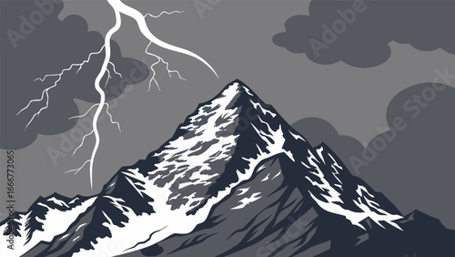 Snowy Mountain Peak with Lightning Strike vector illustration