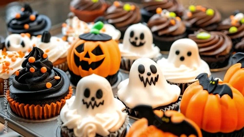 Halloween cupcakes featuring ghost and pumpkin designs, showcasing vibrant colors and intricate decorations, creating a festive atmosphere for seasonal celebrations