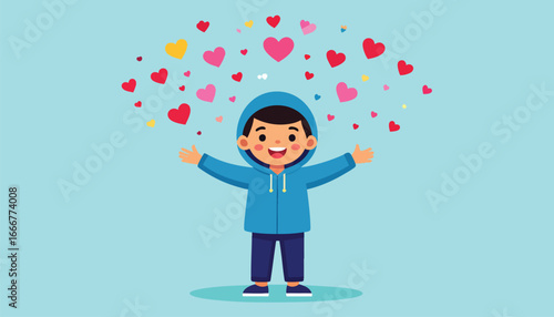 A happy child with open arms surrounded by floating colorful hearts, expressing love.