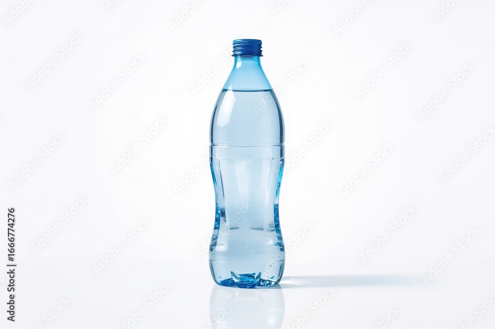 Naklejka premium Transparent blue bottle filled with refreshing water on a white reflective surface