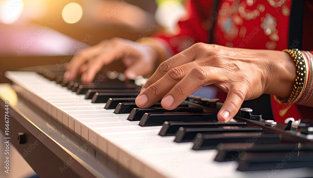 Obraz premium Close-up of Hands Playing a Melodica Keyboard