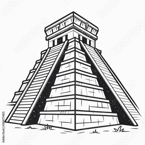 Black and white sketch of el castillo pyramid at chichen itza