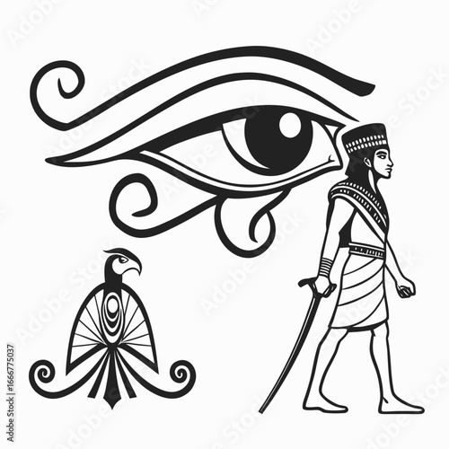 Ancient egyptian eye of horus symbol with pharaoh and falcon