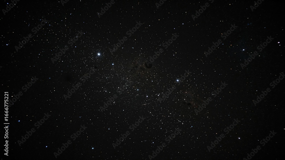 Fototapeta premium Stars scattered across a dark sky, showcasing a universe filled with nebulae and galaxies captured with long exposure and precise white balance, highlighting incredible focus and detail.