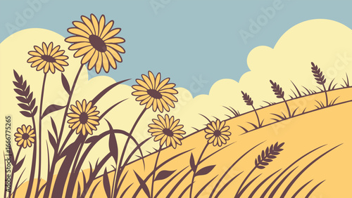 Stylized field with sunflowers and wheat under a cloudy sky