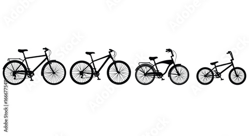 Diverse bicycle styles silhouetted and lined up for transportation and recreation collection vector