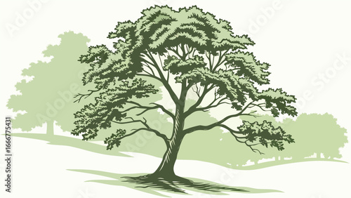 Stylized illustration of a large deciduous tree with lush foliage
