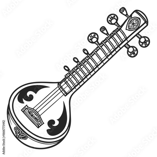 Black and white line drawing of a traditional indian sitar musical instrument